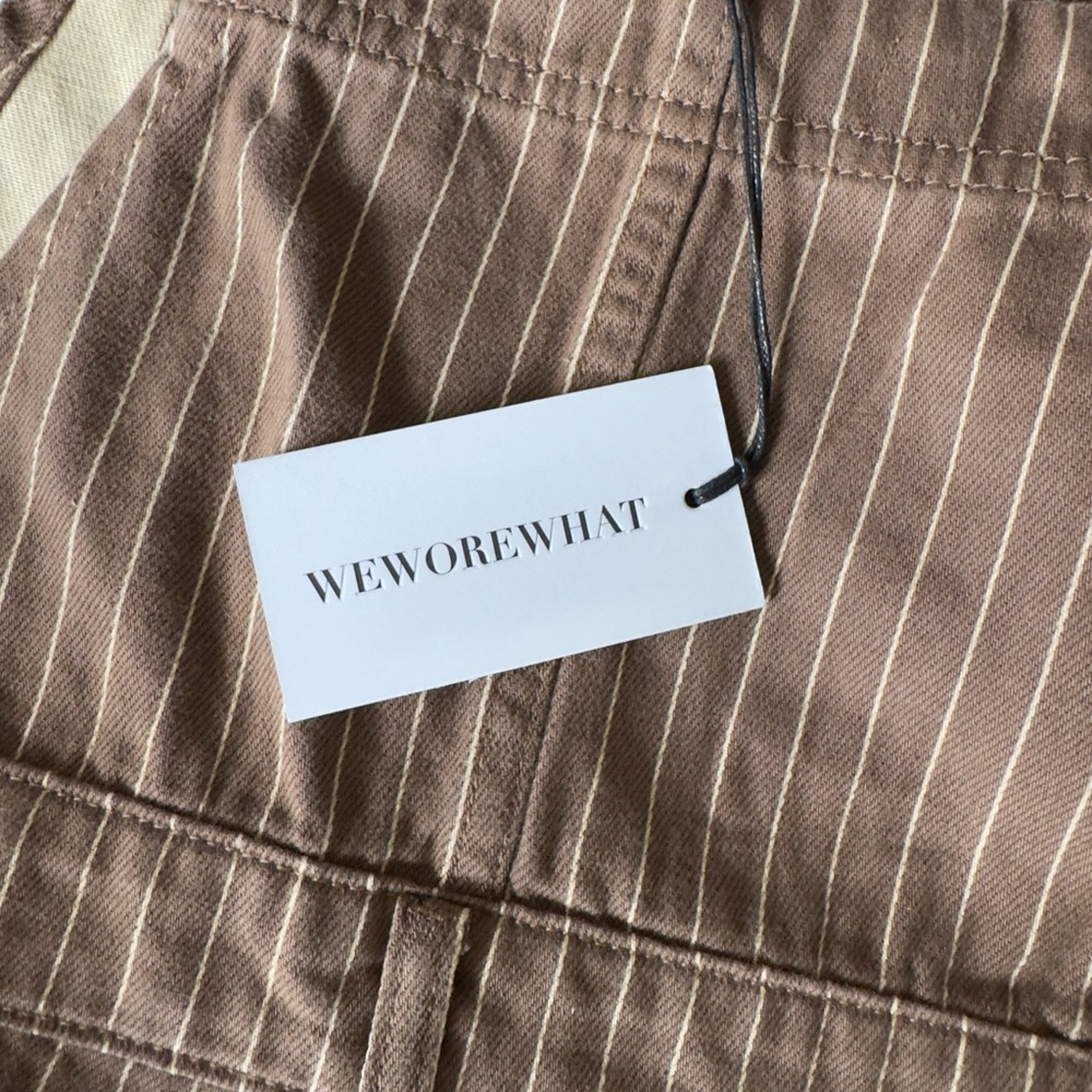 WEWOREWHAT Slit Overall Shorts Romper Pinstripe Brown Raw Hem Size M NWT - Picture 5 of 7